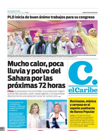 Portada Periódico El Caribe, Lunes 10 Junio, 2024