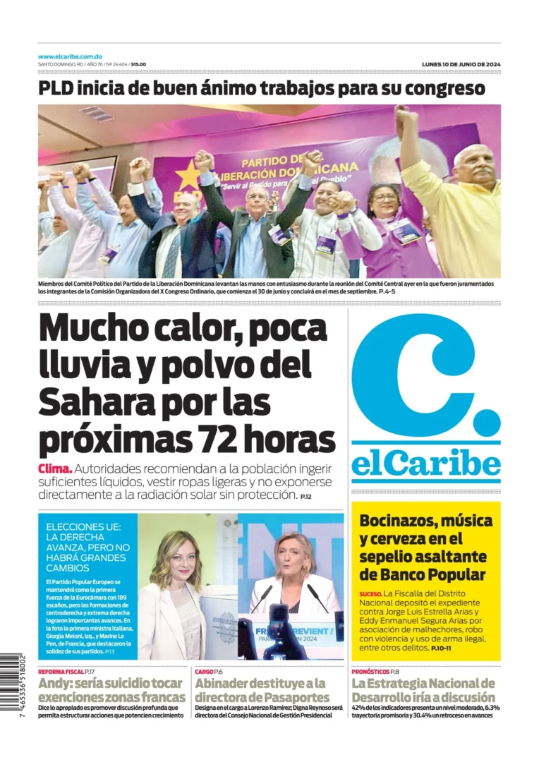 Portada Periódico El Caribe, Lunes 10 Junio, 2024
