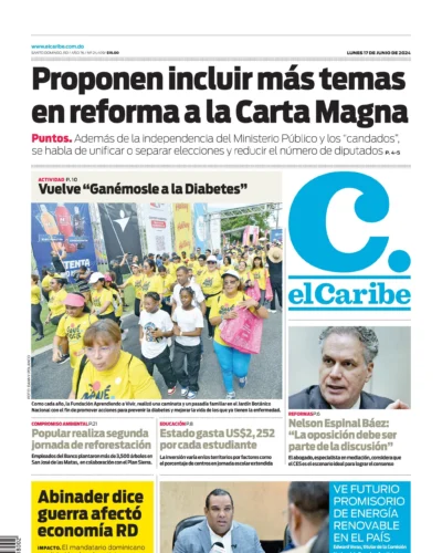 Portada Periódico El Caribe, Lunes 17 Junio, 2024