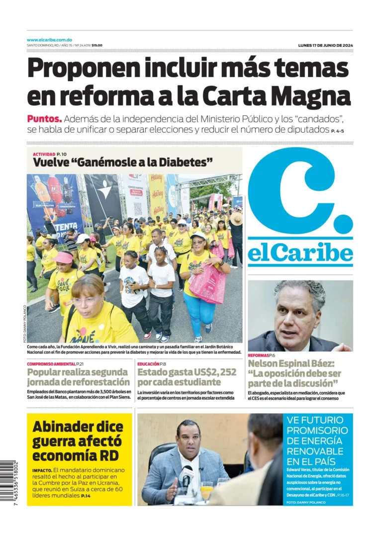Portada Periódico El Caribe, Lunes 17 Junio, 2024