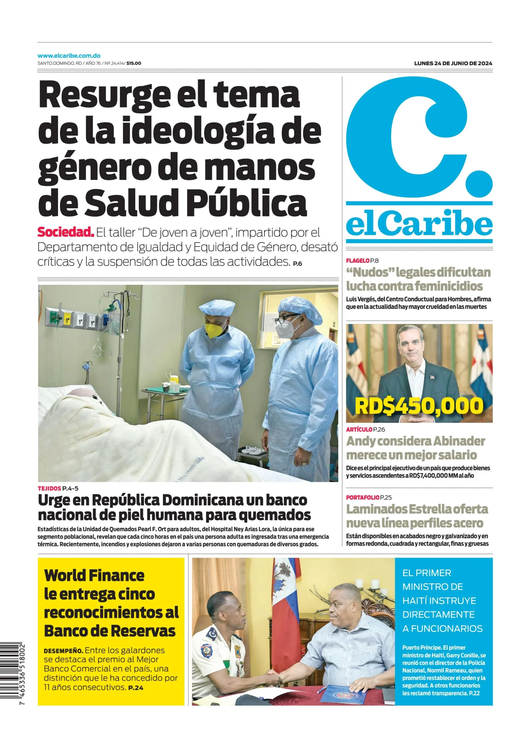 Portada Periódico El Caribe, Lunes 24 Junio, 2024