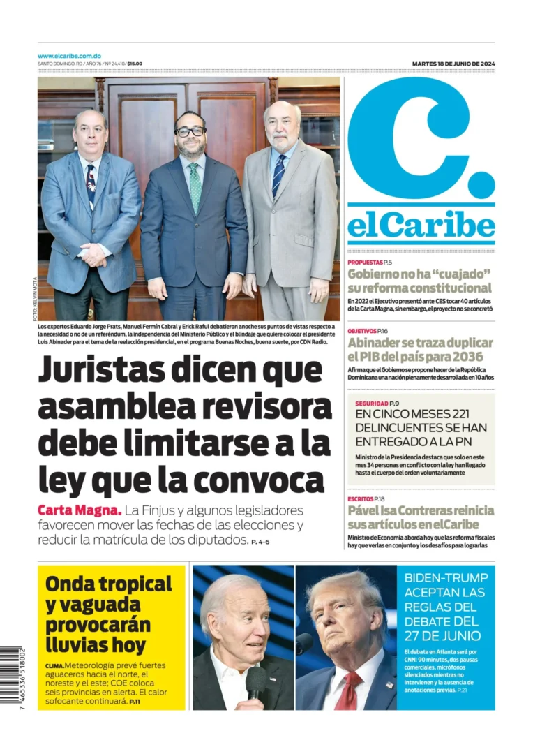 Portada Periódico El Caribe, Martes 18 Junio, 2024
