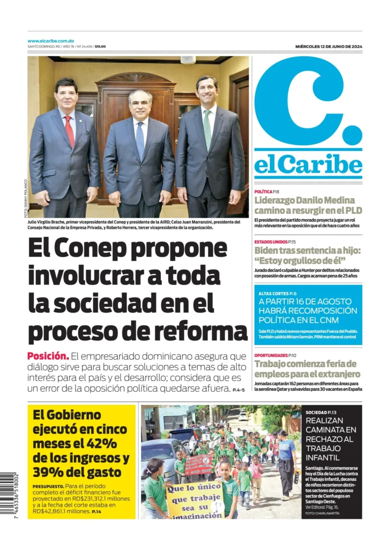 Portada Periódico El Caribe, Miércoles 12 Junio, 2024