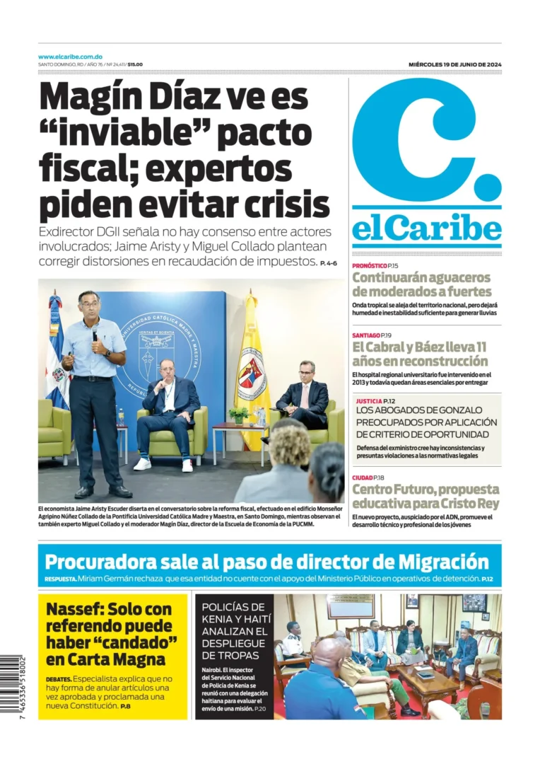 Portada Periódico El Caribe, Miércoles 19 Junio, 2024