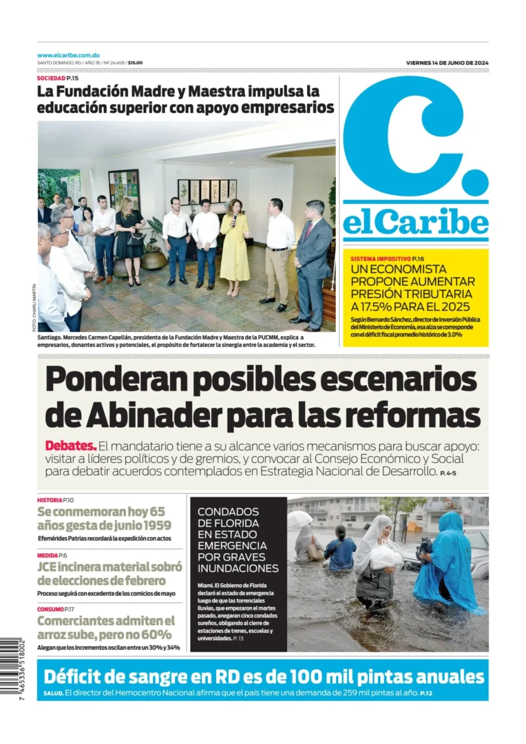 Portada Periódico El Caribe, Viernes 14 Junio, 2024