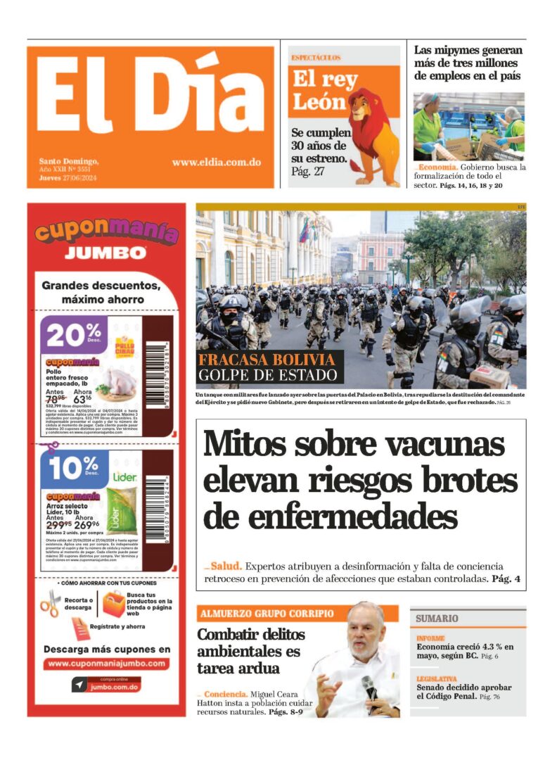 Portada Periódico El Día, Jueves 27 Junio, 2024