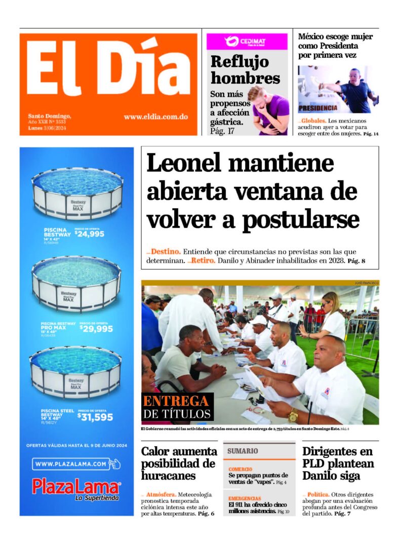 Portada Periódico El Día, Lunes 03 Junio, 2024