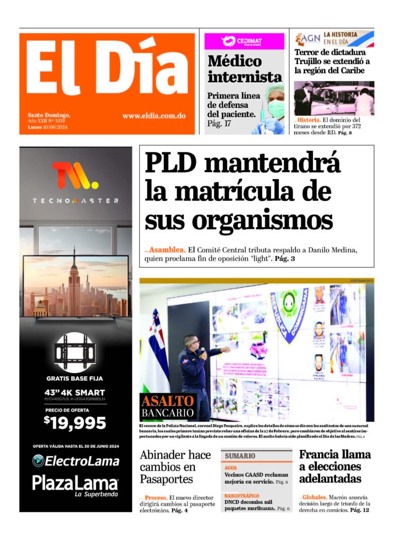 Portada Periódico El Día, Lunes 10 Junio, 2024