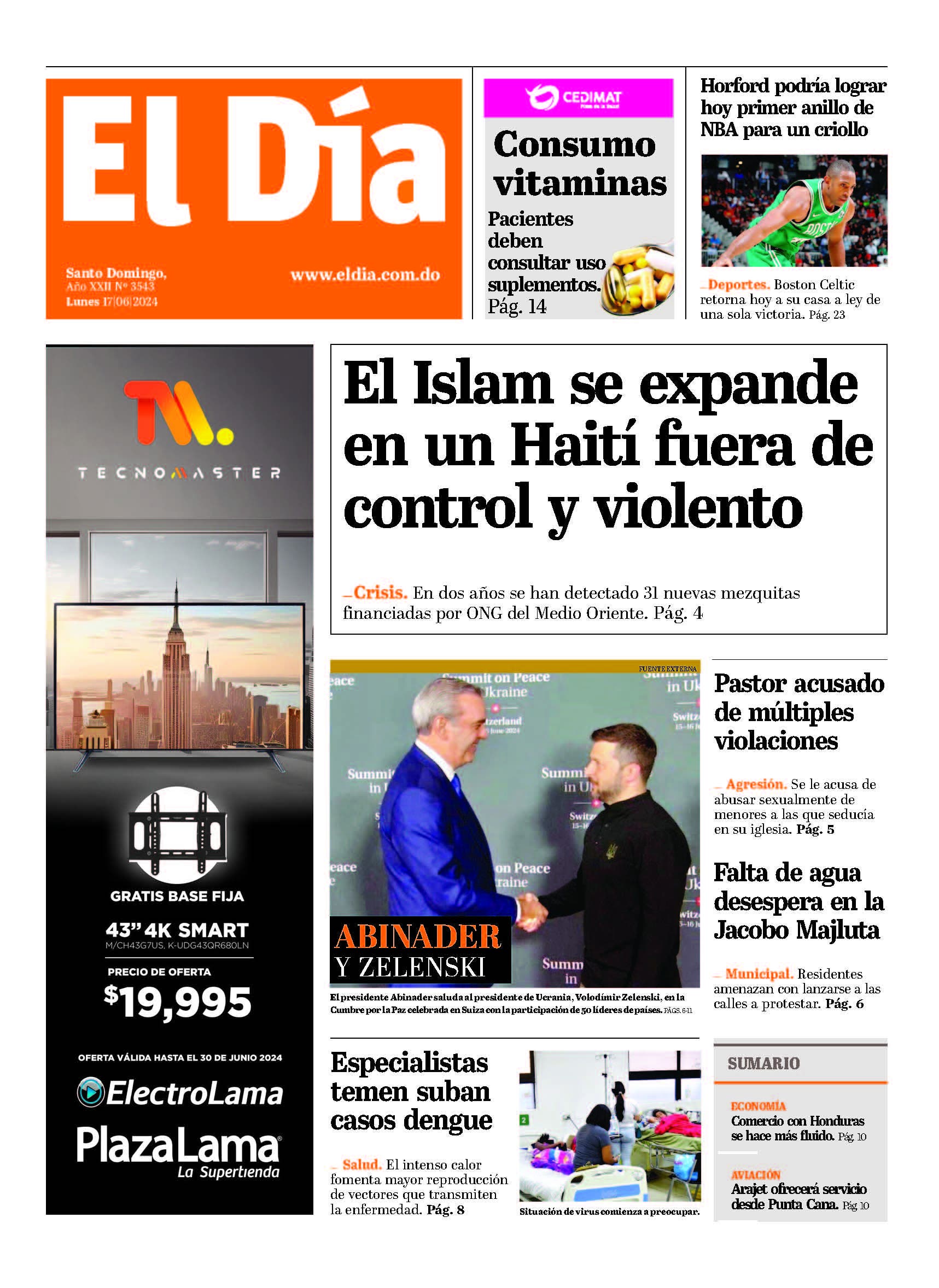 Portada Periódico El Día, Lunes 17 Junio, 2024