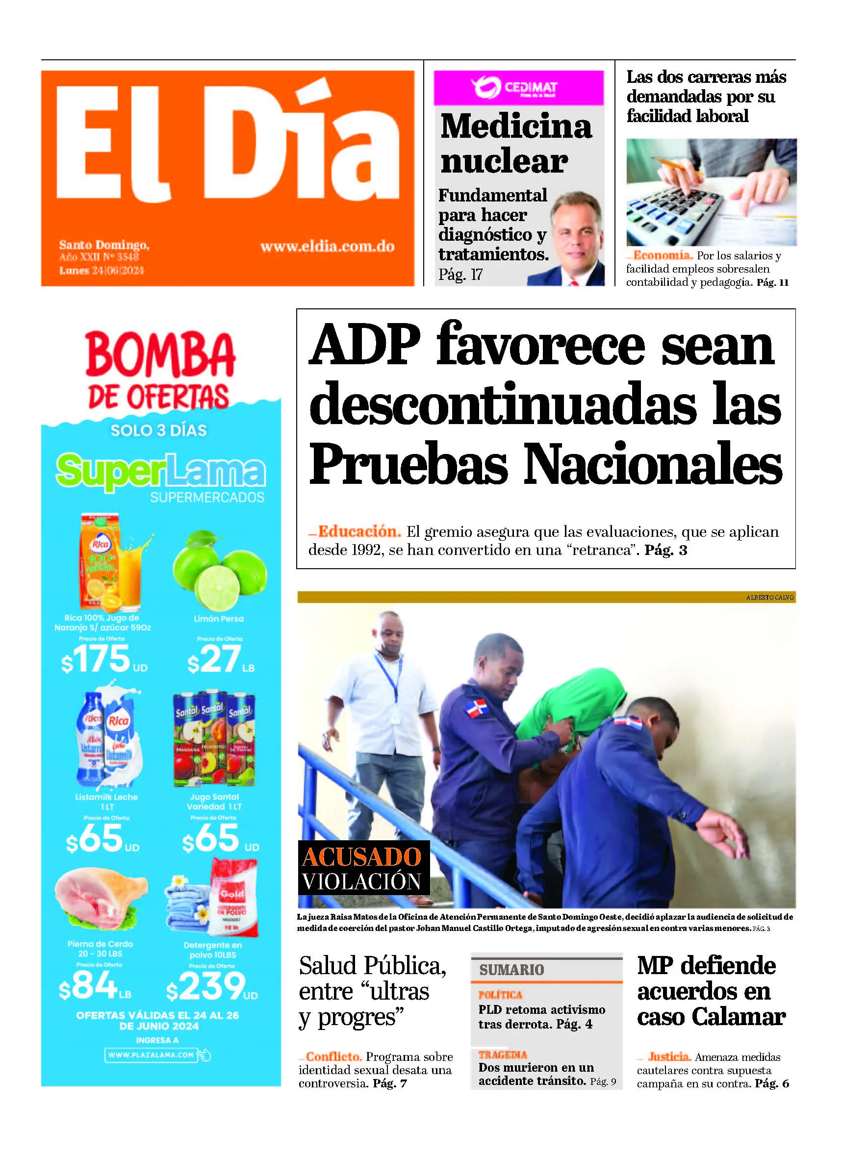 Portada Periódico El Día, Lunes 24 Junio, 2024