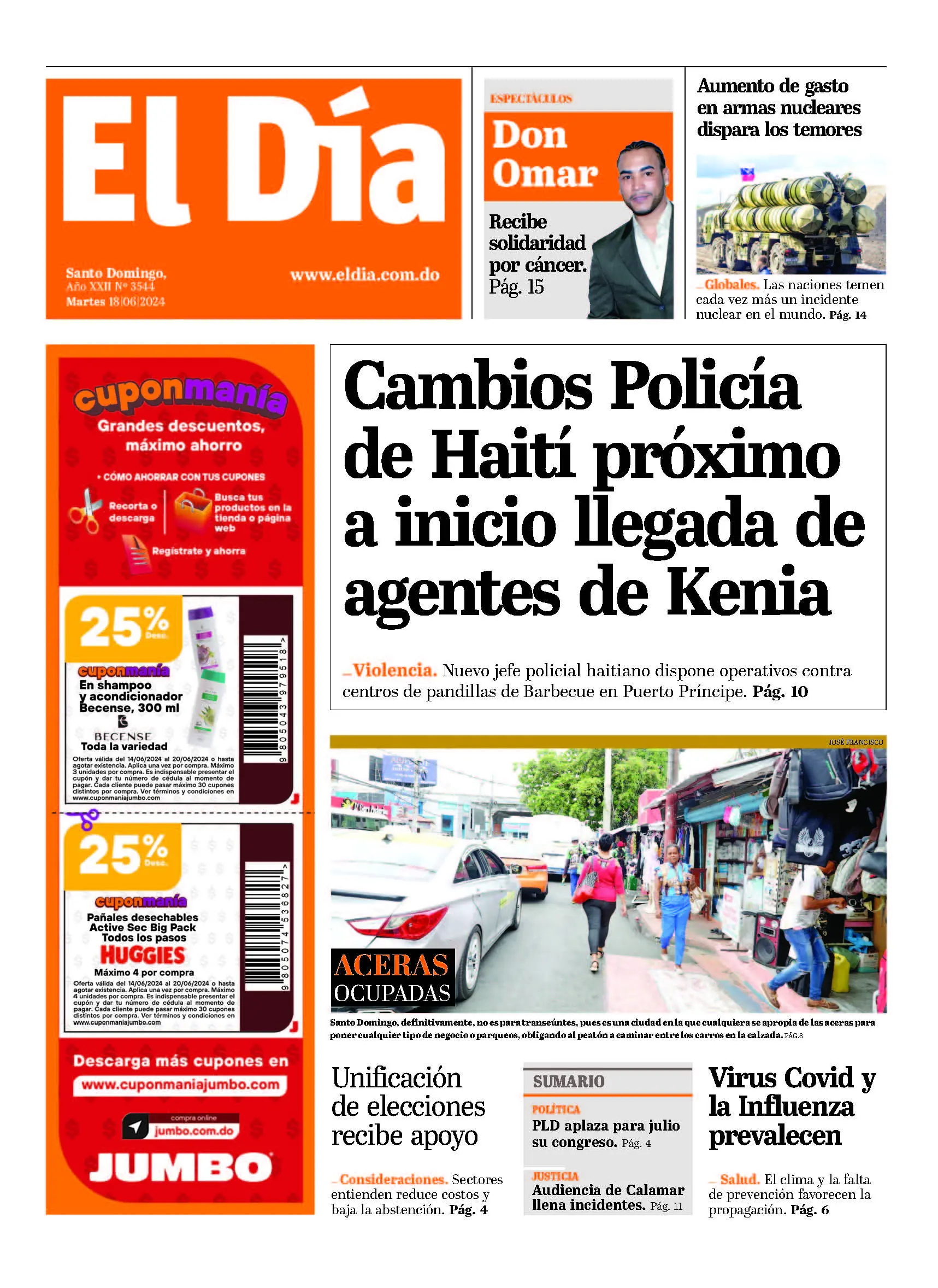 Portada Periódico El Día, Martes 18 Junio, 2024