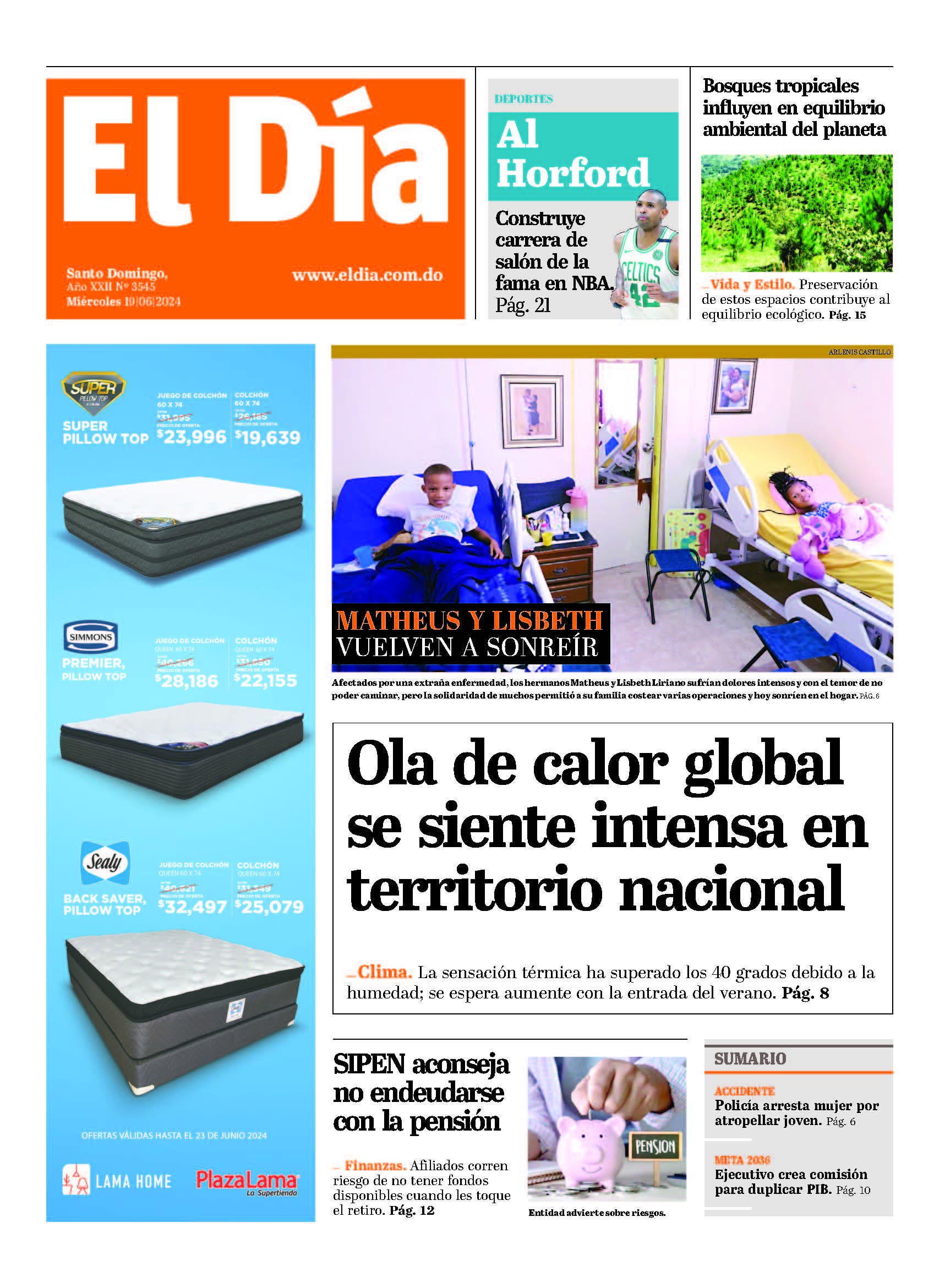 Portada Periódico El Día, Miércoles 19 Junio, 2024