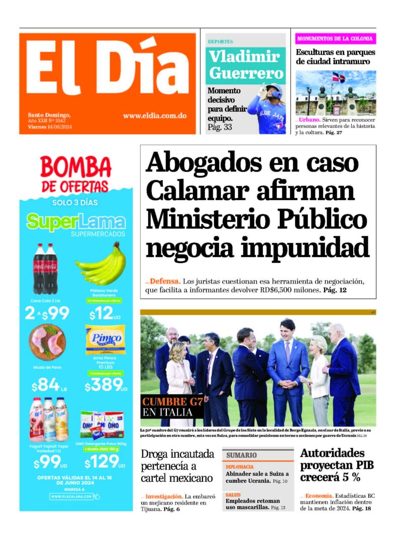 Portada Periódico El Día, Viernes 14 Junio, 2024