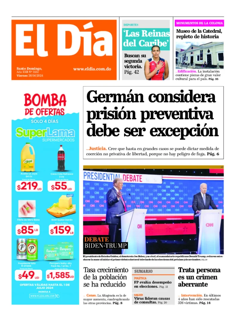 Portada Periódico El Día, Viernes 28 Junio, 2024