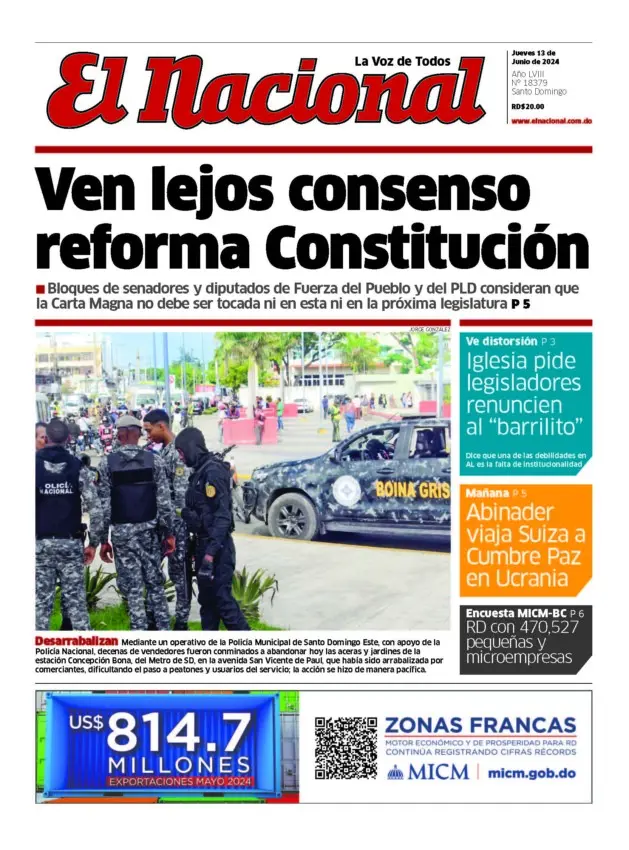 Portada Periódico El Nacional, Jueves 13 Junio, 2024