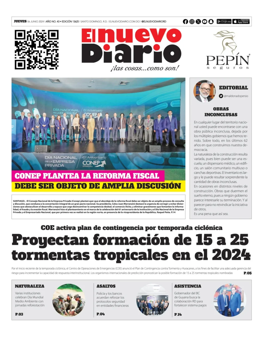 Portada Periódico El Nuevo Diario, Jueves 06 Junio, 2024