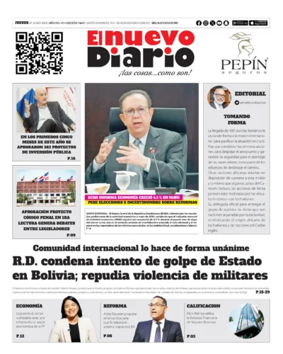Portada Periódico El Nuevo Diario, Jueves 27 Junio, 2024