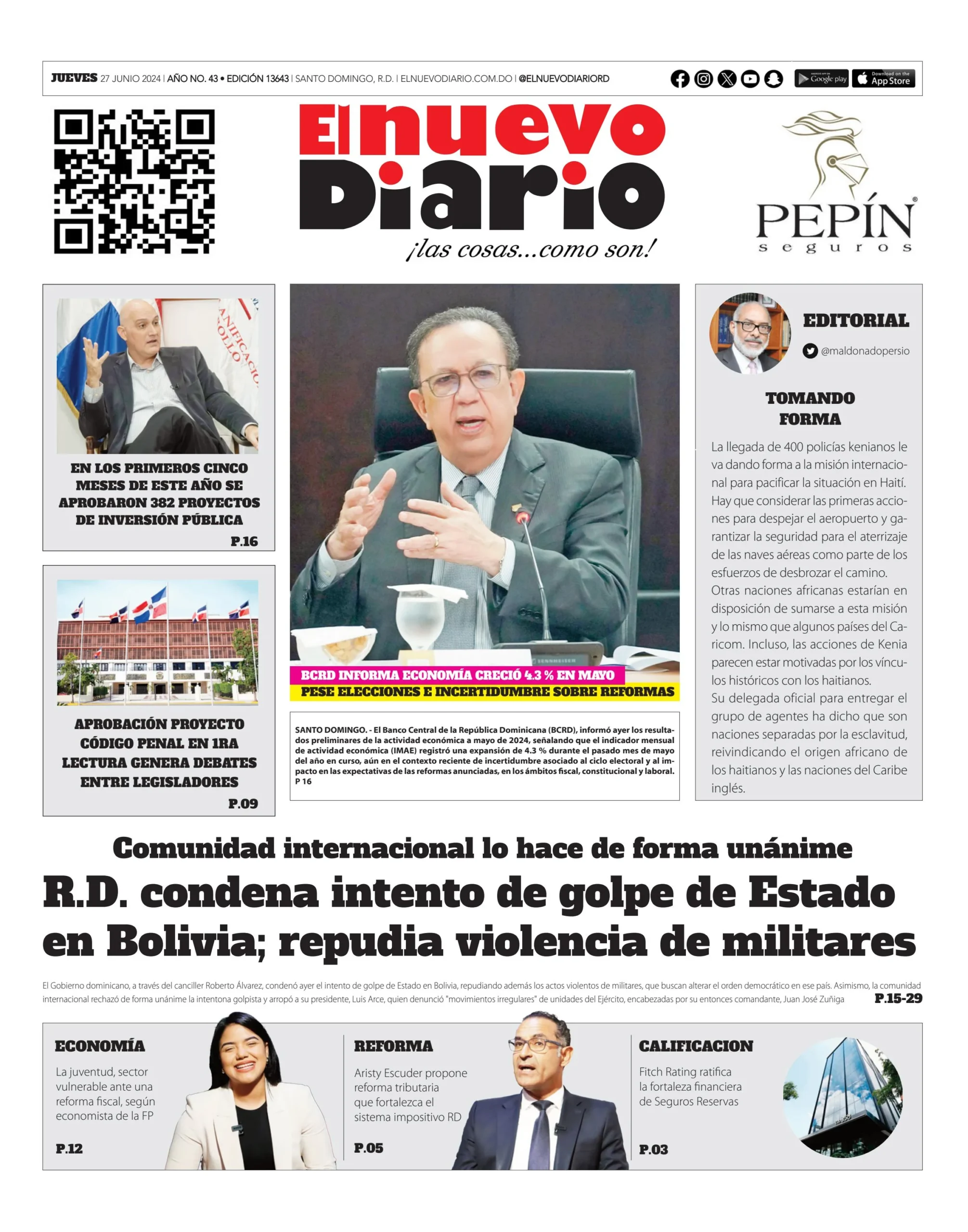 Portada Periódico El Nuevo Diario, Jueves 27 Junio, 2024