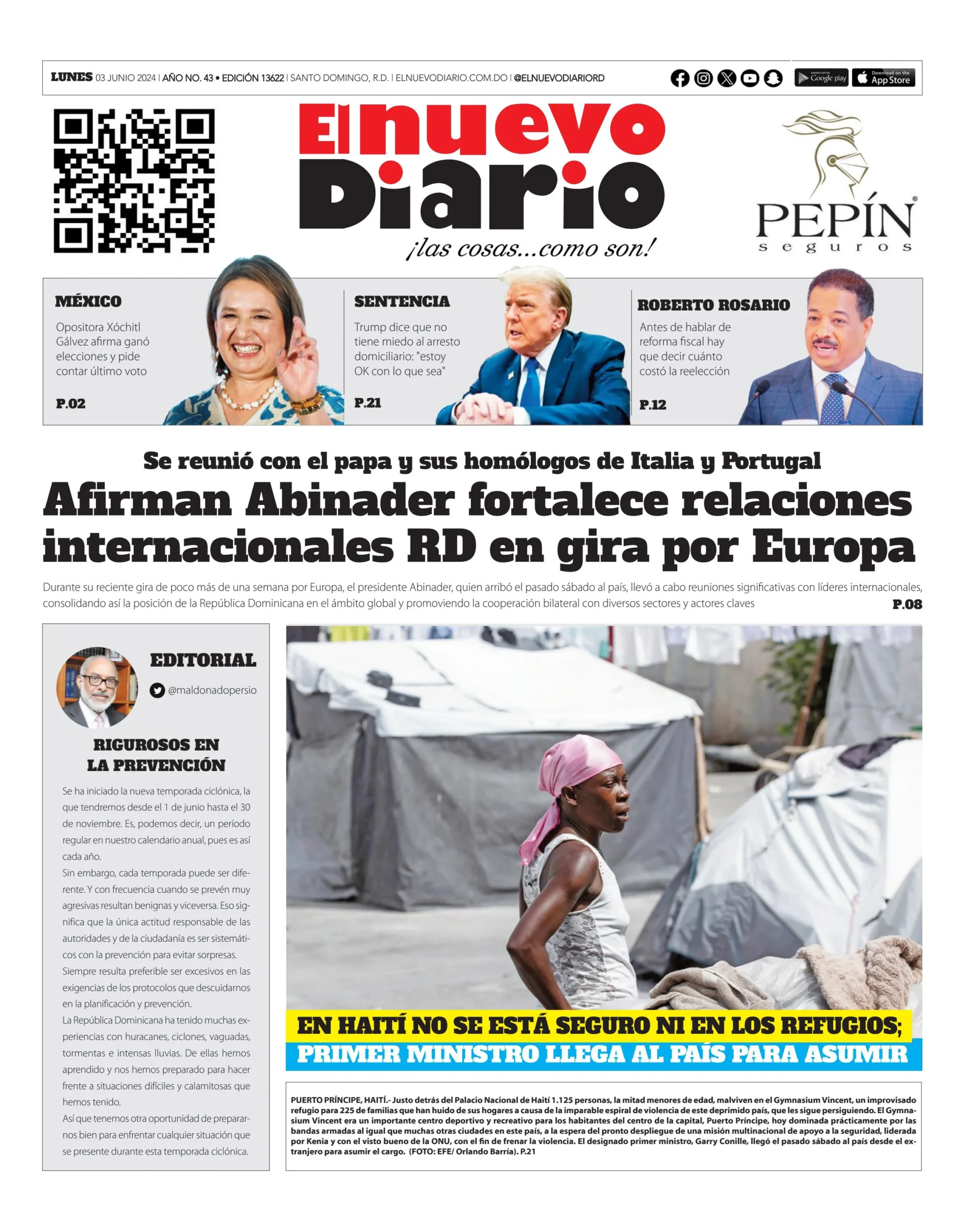Portada Periódico El Nuevo Diario, Lunes 03 Junio, 2024