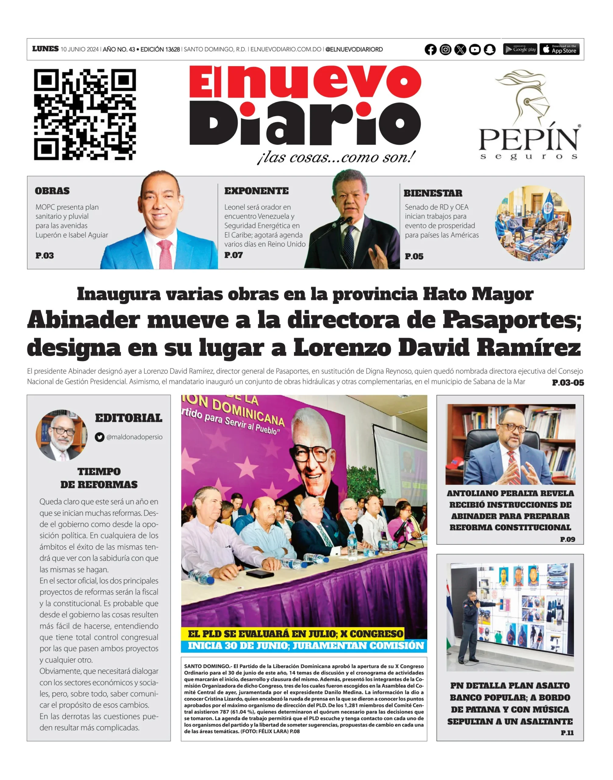 Portada Periódico El Nuevo Diario, Lunes 10 Junio, 2024
