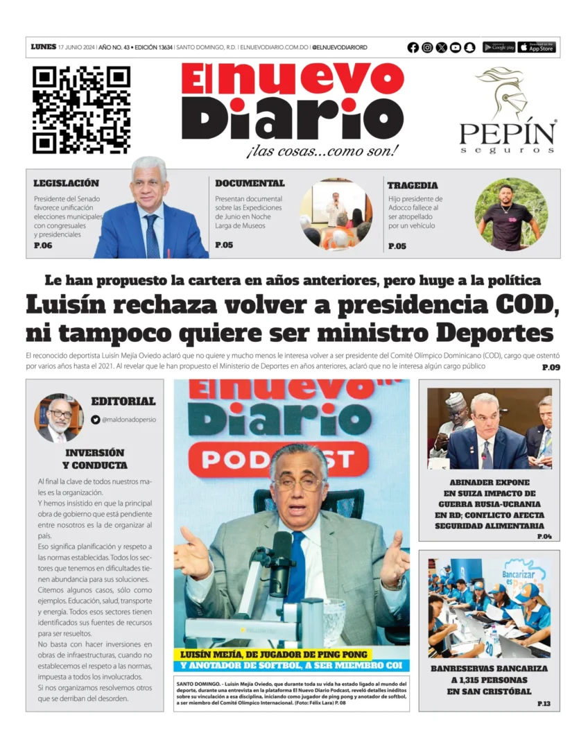 Portada Periódico El Nuevo Diario, Lunes 17 Junio, 2024