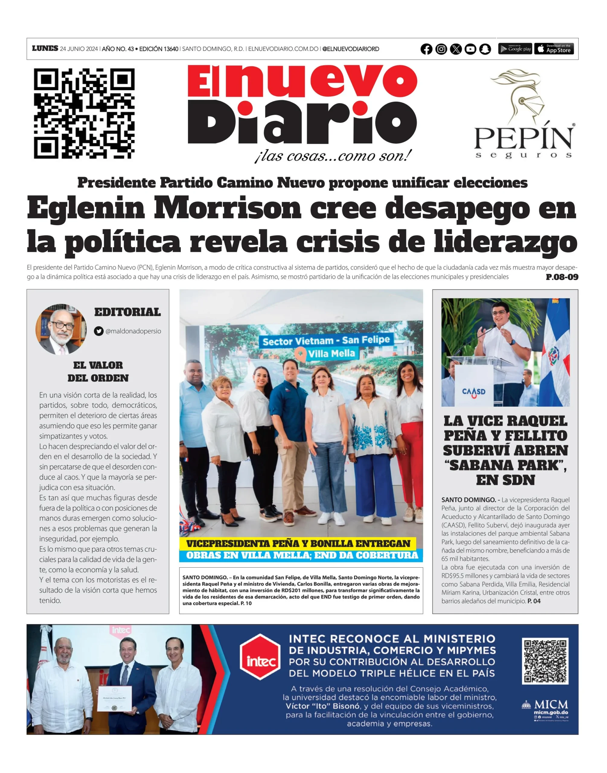 Portada Periódico El Nuevo Diario, Lunes 24 Junio, 2024