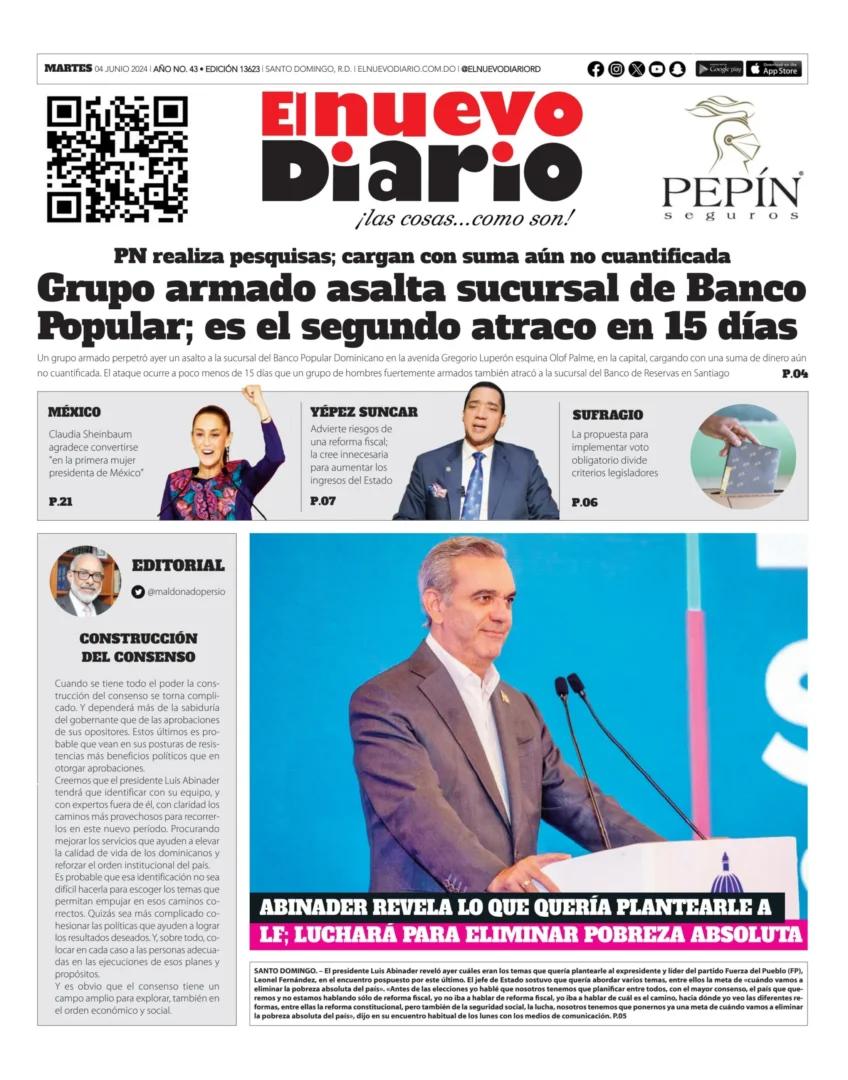 Portada Periódico El Nuevo Diario, Martes 04 Junio, 2024