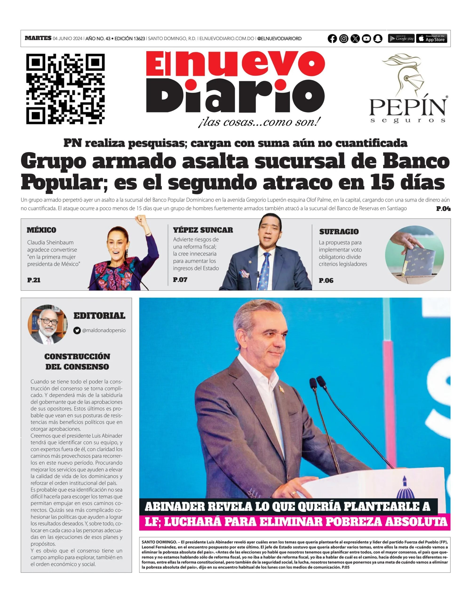 Portada Periódico El Nuevo Diario, Martes 04 Junio, 2024