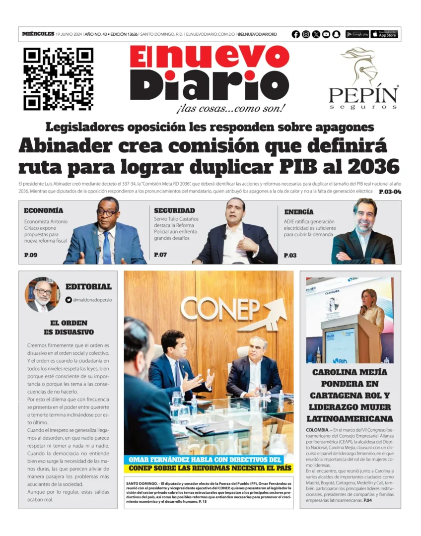 Portada Periódico El Nuevo Diario, Miércoles 19 Junio, 2024