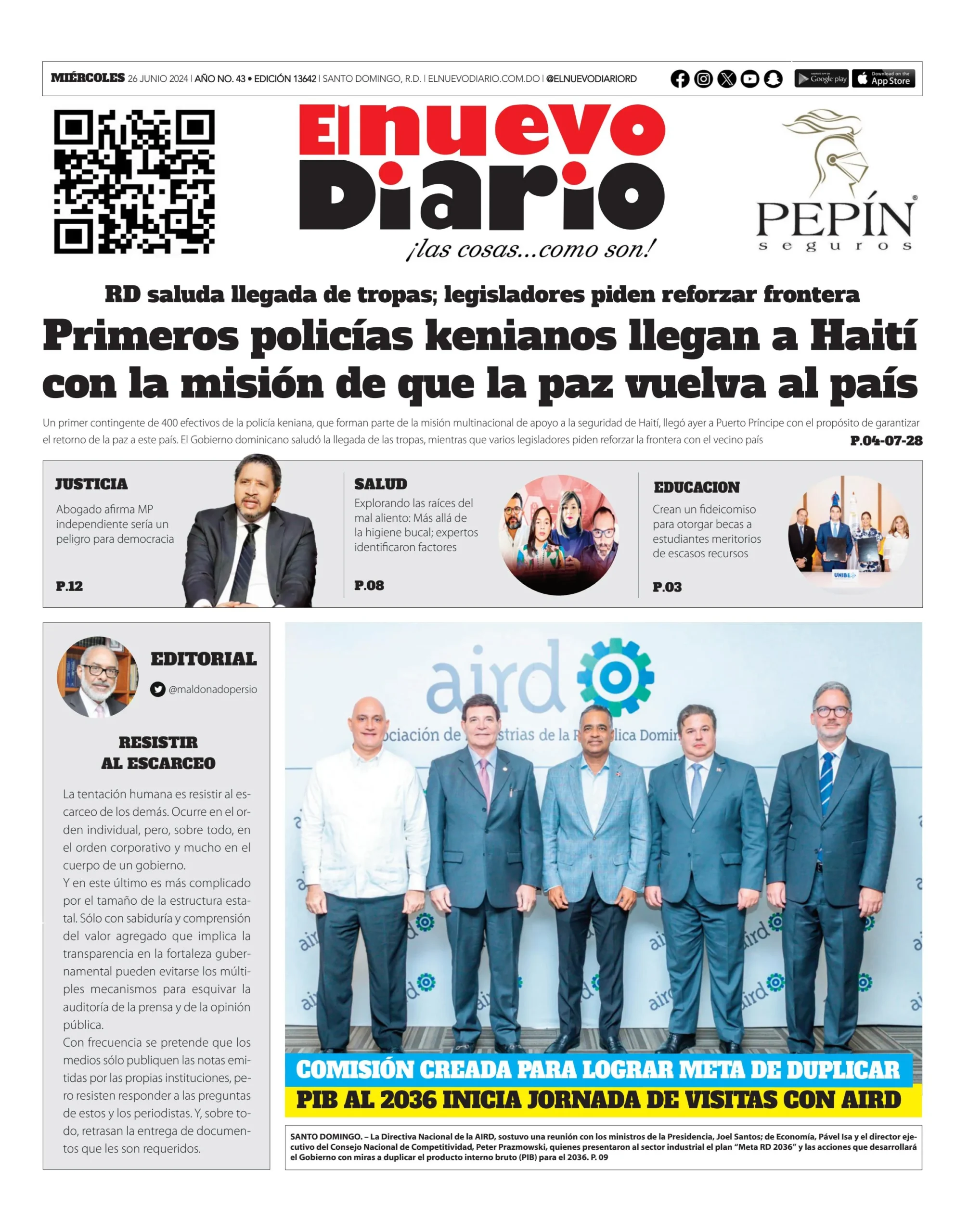 Portada Periódico El Nuevo Diario, Miércoles 26 Junio, 2024