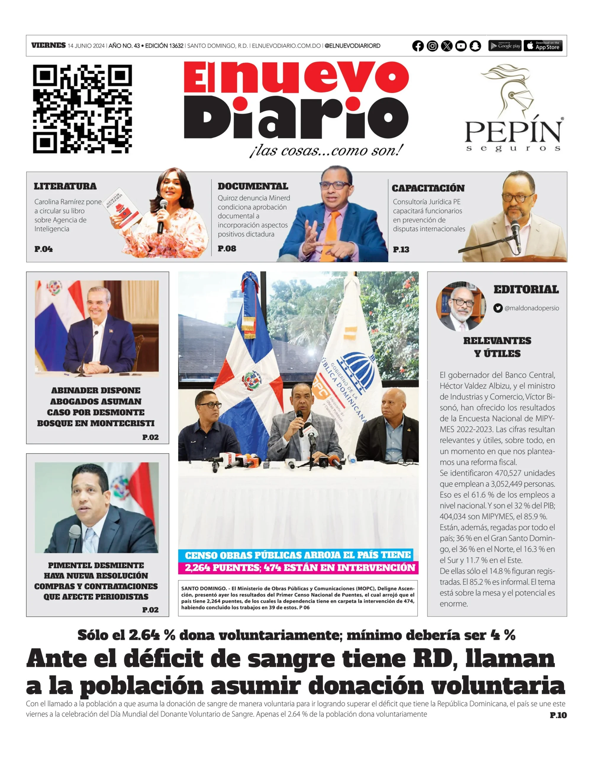 Portada Periódico El Nuevo Diario, Viernes 14 Junio, 2024