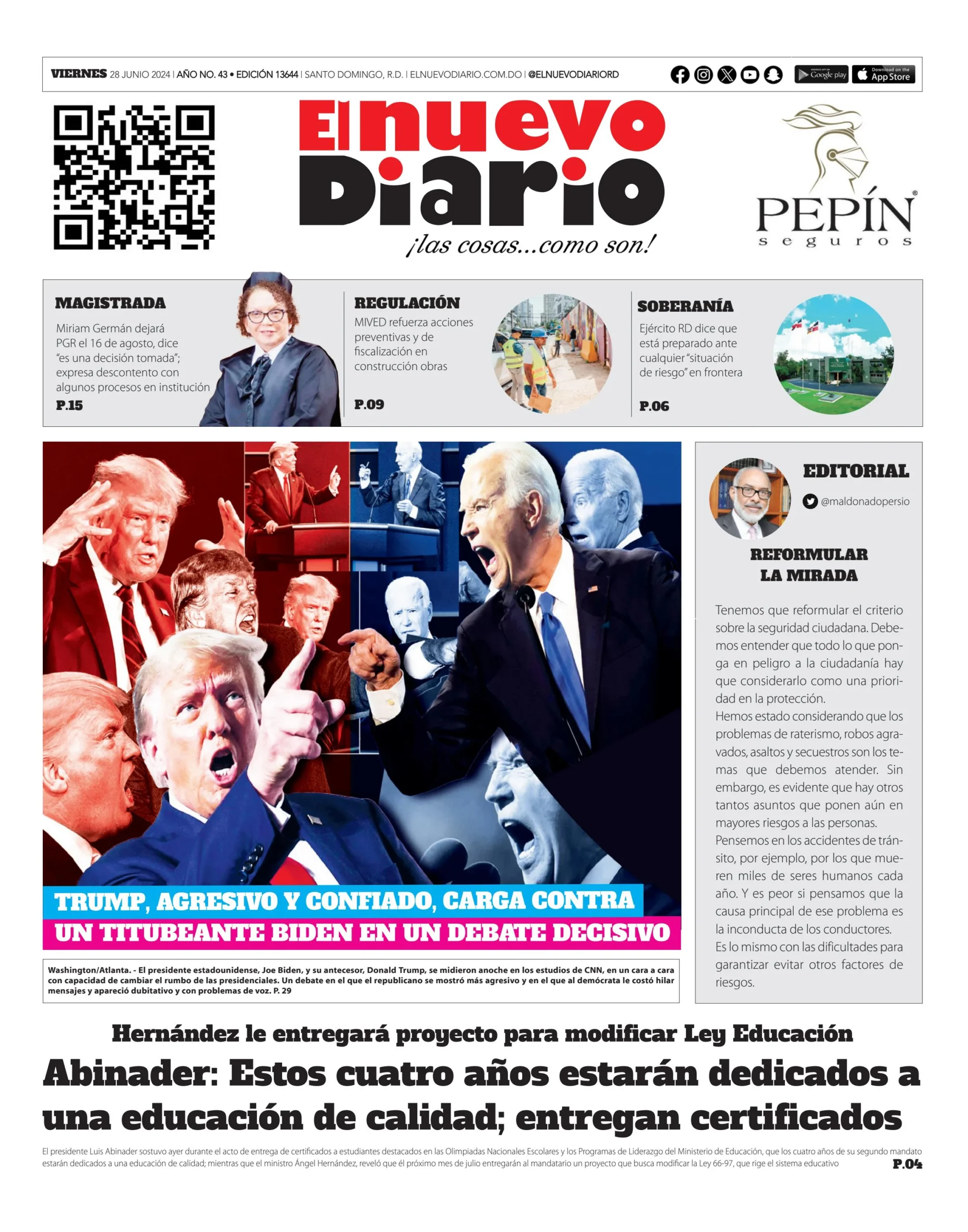 Portada Periódico El Nuevo Diario, Viernes 28 Junio, 2024