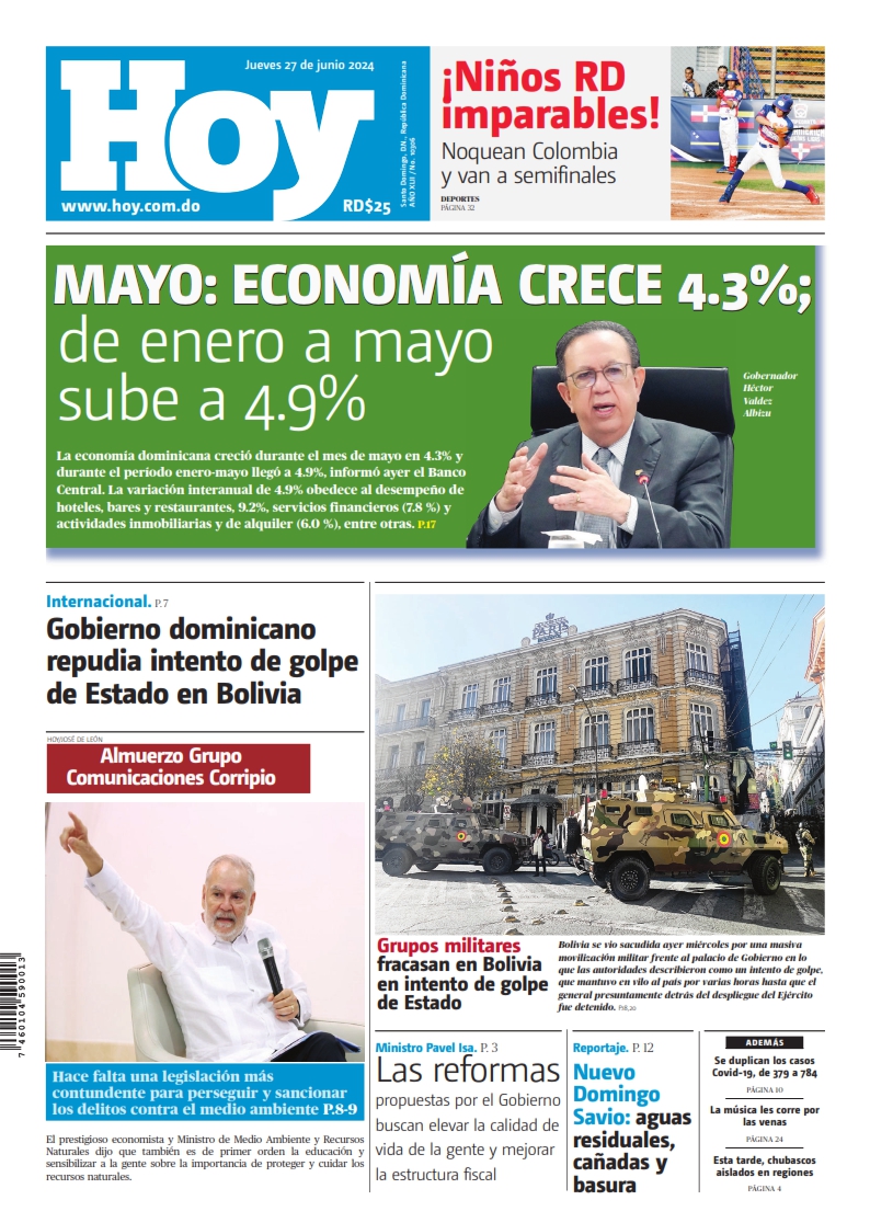 Portada Periódico Hoy, Jueves 27 Junio, 2024