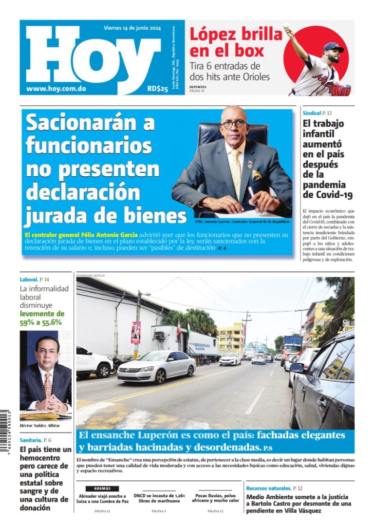 Portada Periódico Hoy, Viernes 14 Junio, 2024