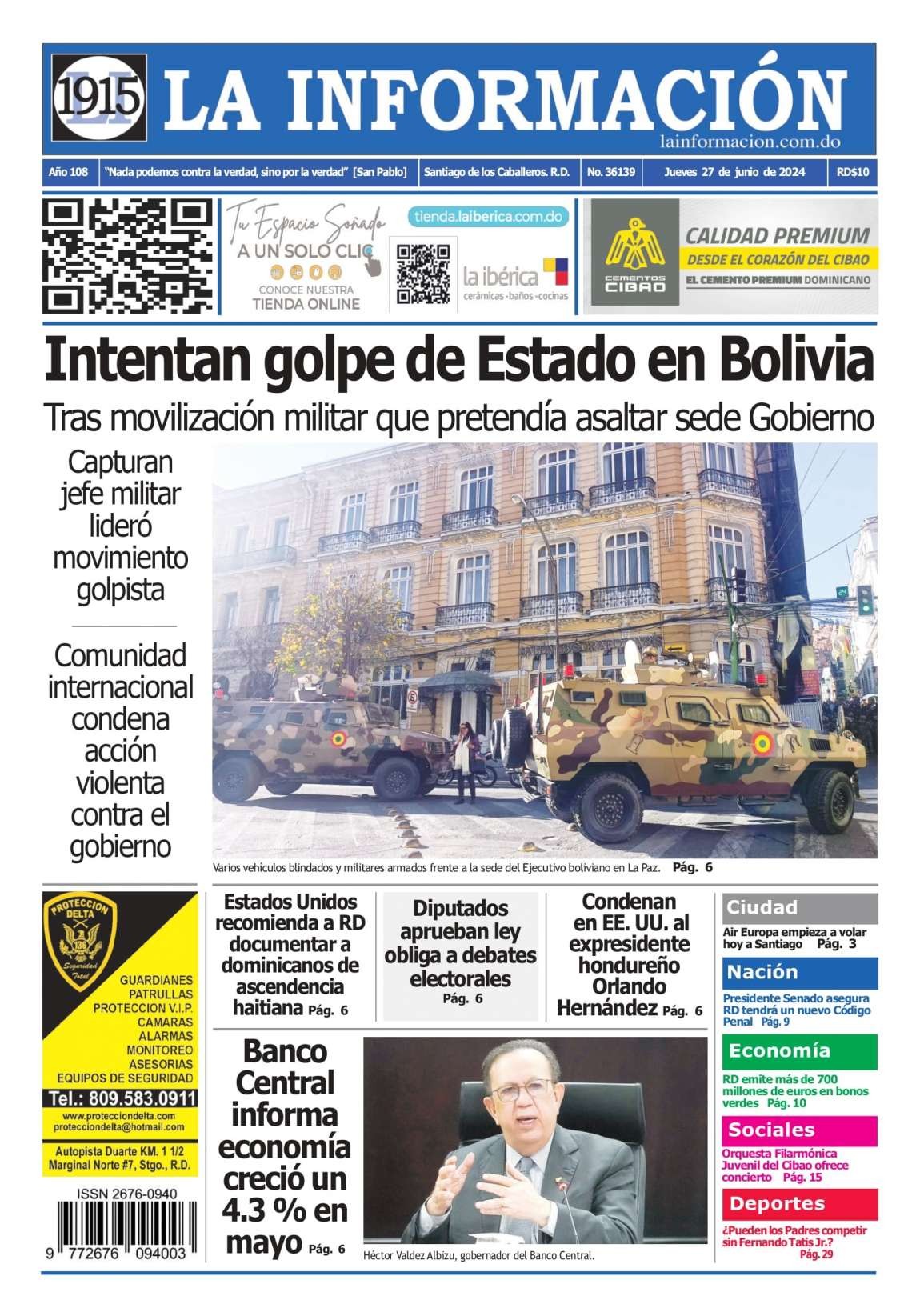 Portada Periódico La Información, Jueves 27 Junio, 2024