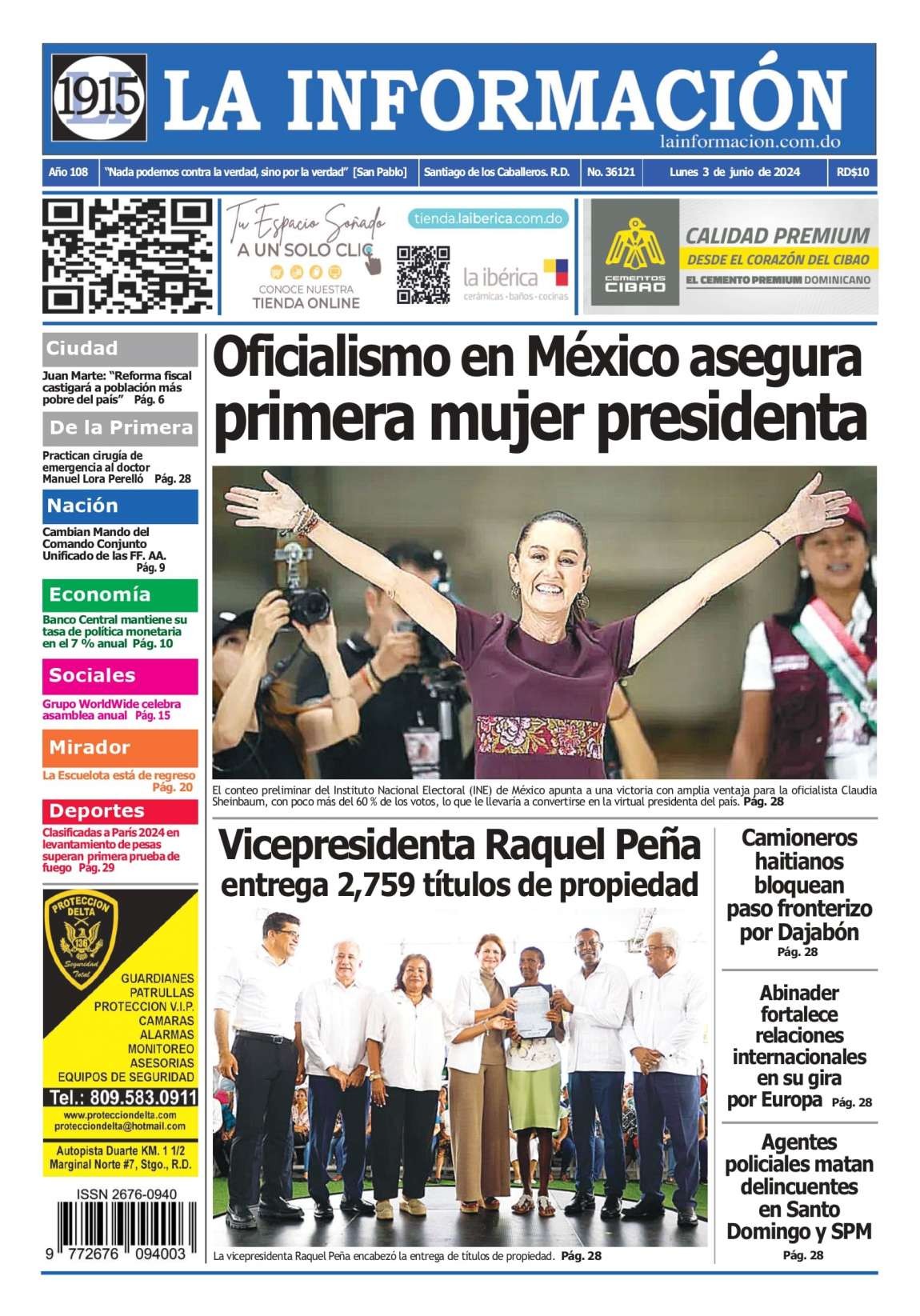 Portada Periódico La Información, Lunes 03 Junio, 2024