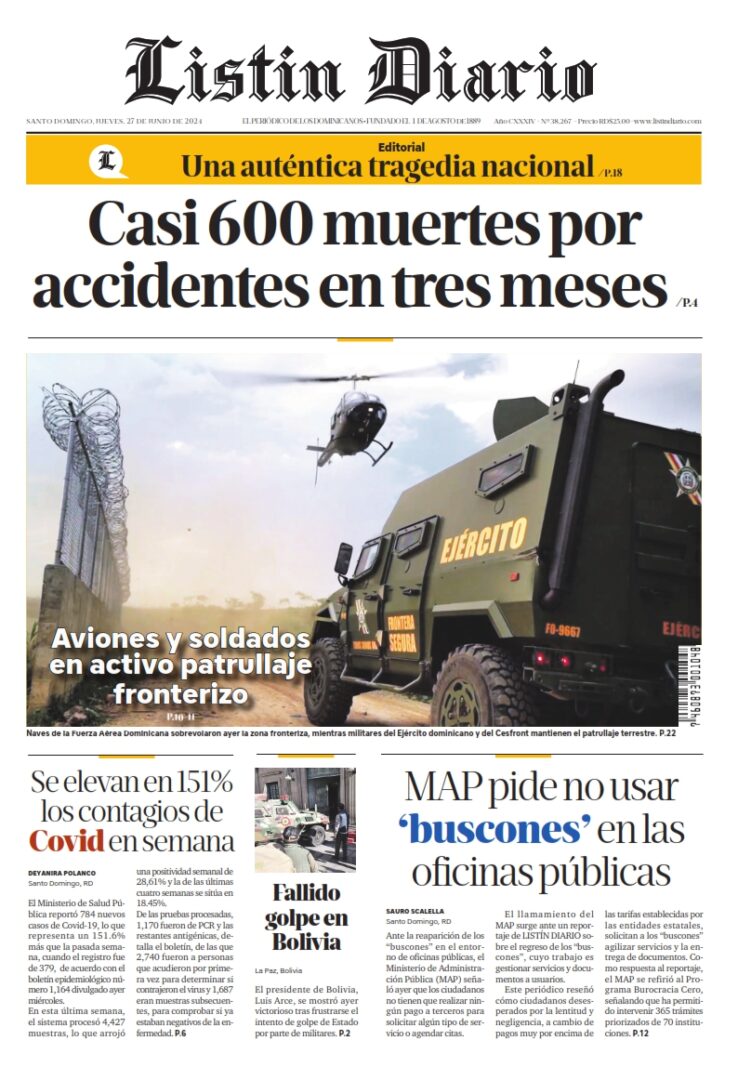 Portada Periódico Listín Diario, Jueves 27 Junio, 2024