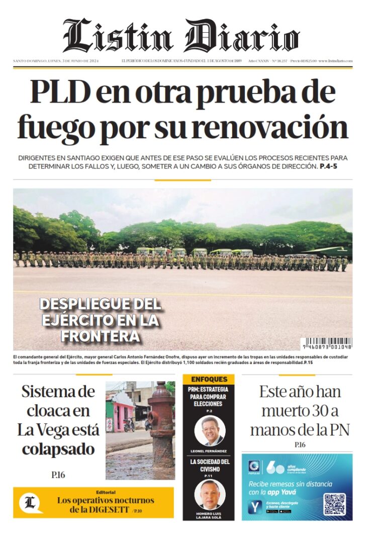 Portada Periódico Listín Diario, Lunes 03 Junio, 2024