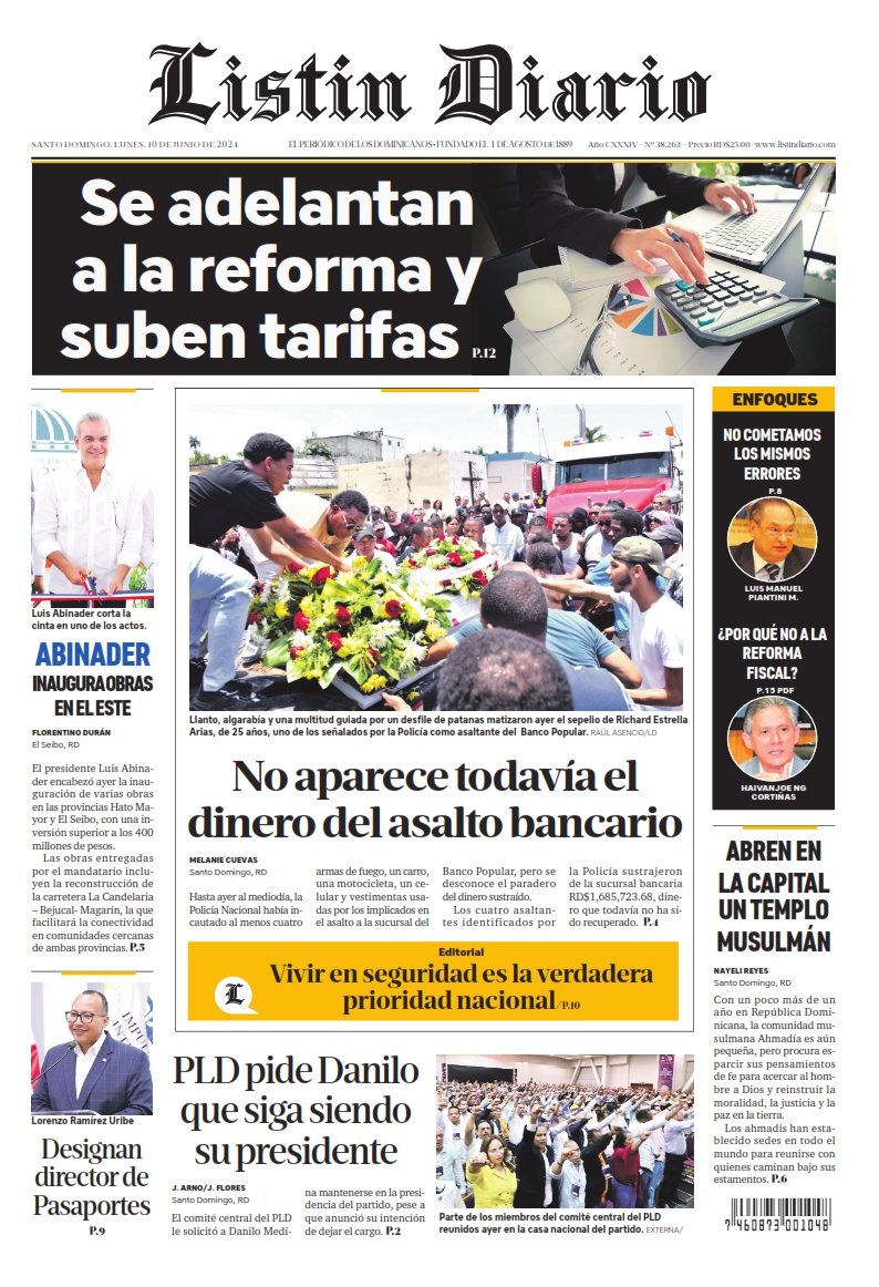 Portada Periódico Listín Diario, Lunes 10 Junio, 2024