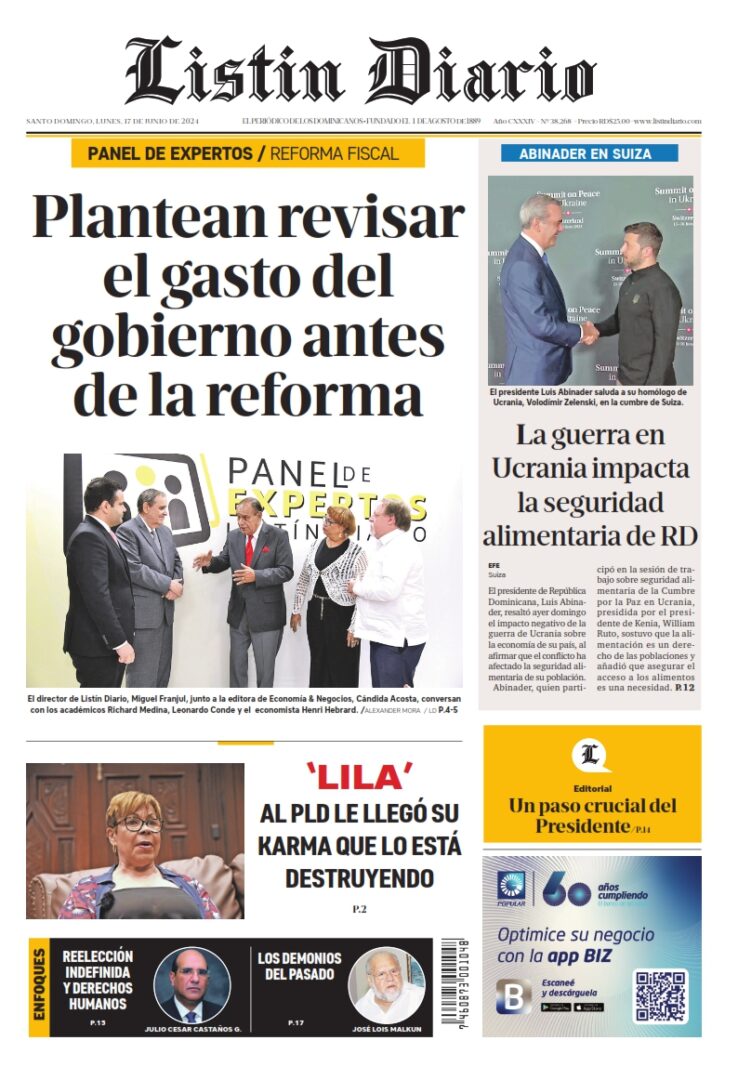 Portada Periódico Listín Diario, Lunes 17 Junio, 2024