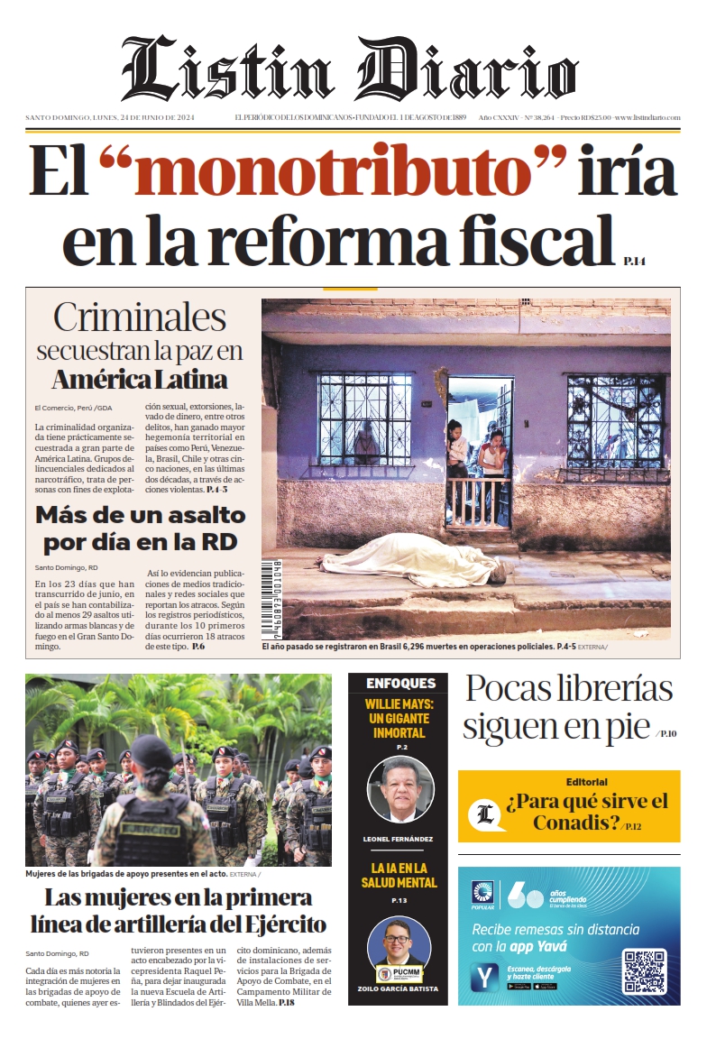 Portada Periódico Listín Diario, Lunes 24 Junio, 2024