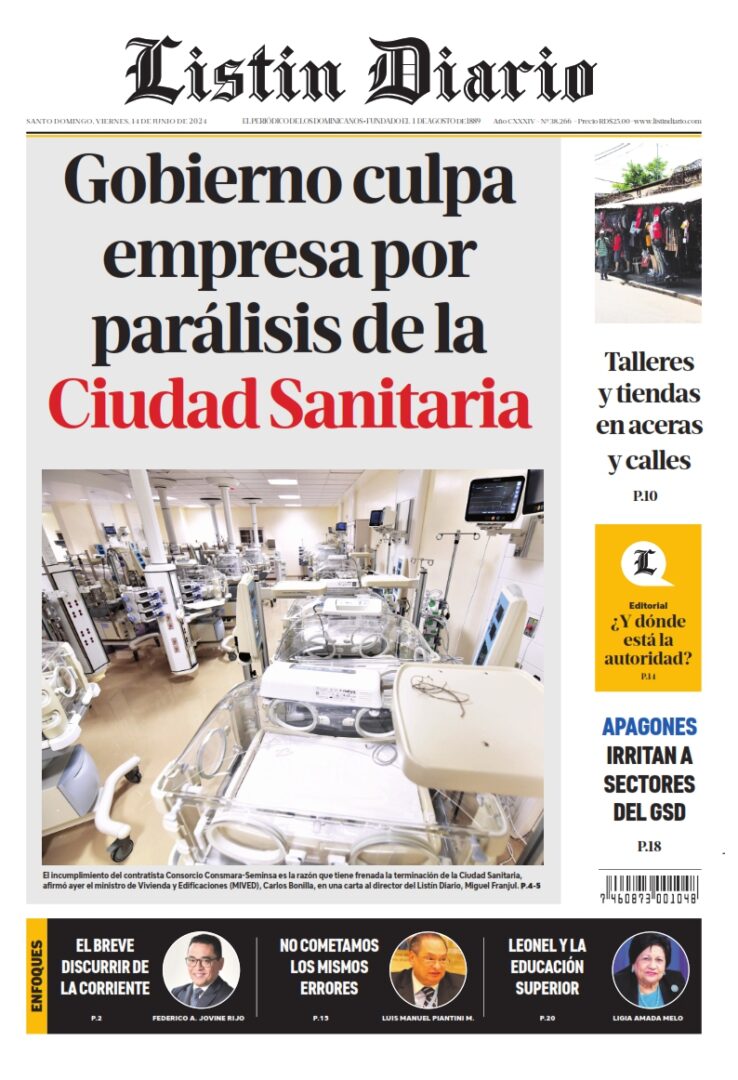 Portada Periódico Listín Diario, Viernes 14 Junio, 2024