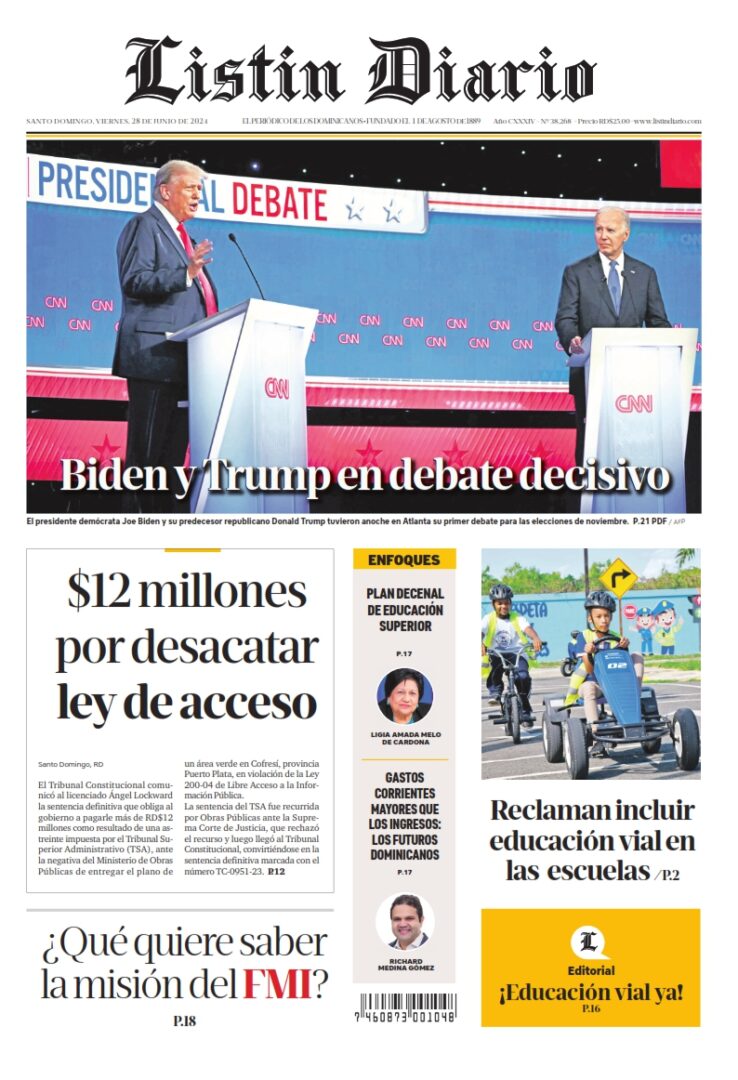 Portada Periódico Listín Diario, Viernes 28 Junio, 2024