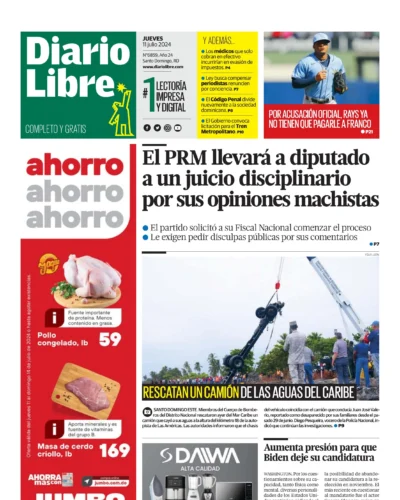 Portada Periódico Diario Libre, Jueves 11 Julio, 2024