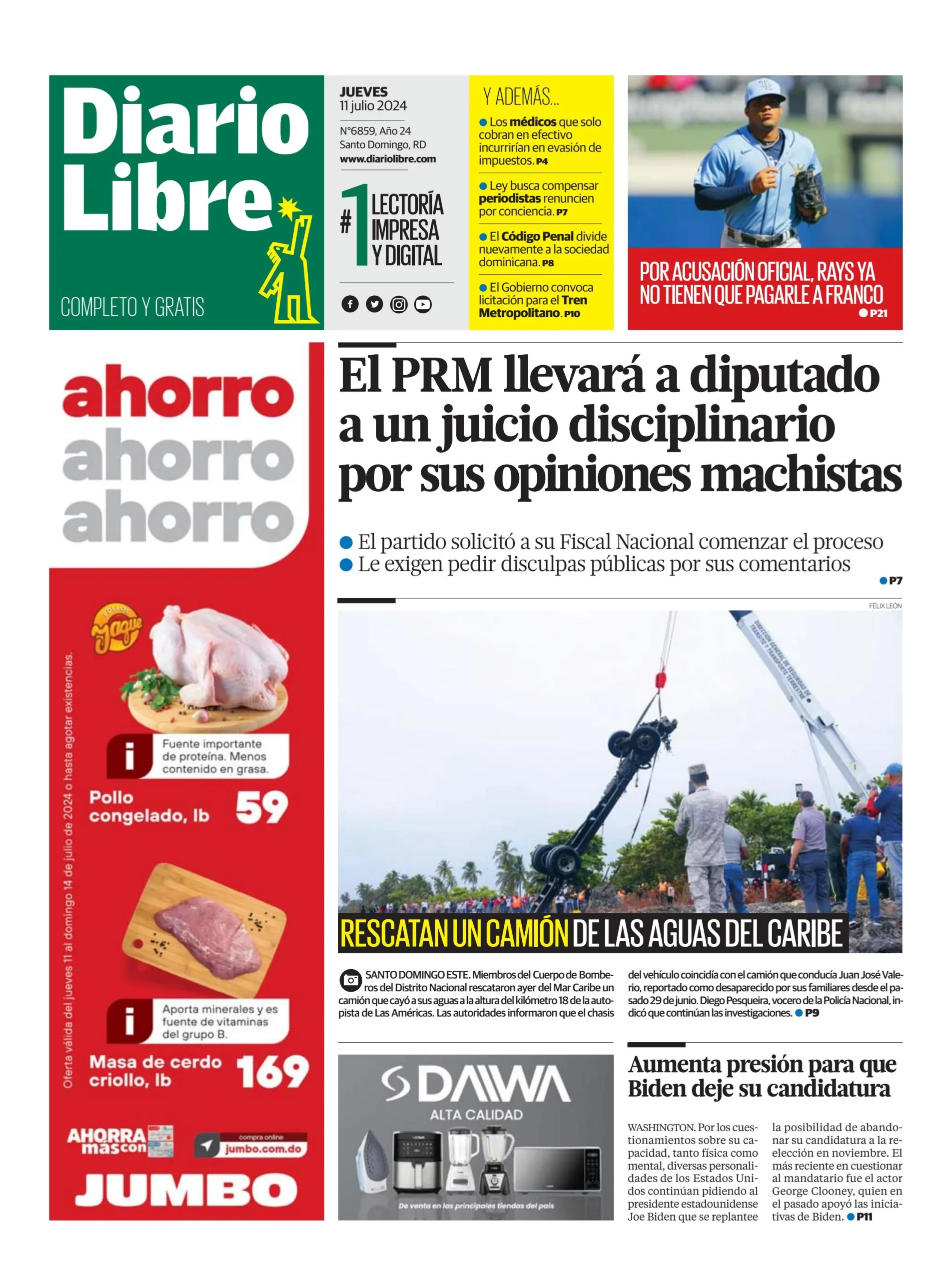 Portada Periódico Diario Libre, Jueves 11 Julio, 2024