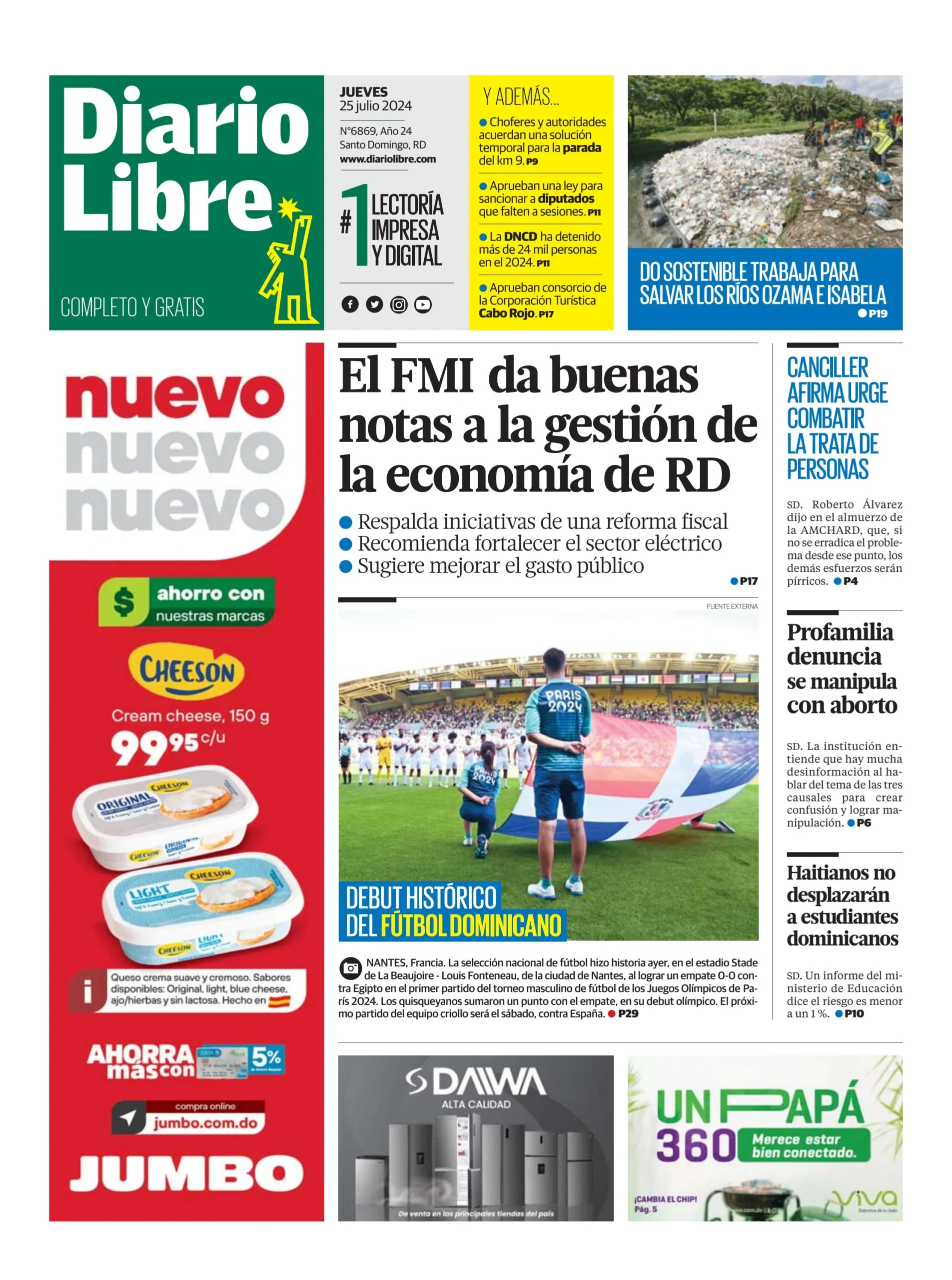 Portada Periódico Diario Libre, Jueves 25 Julio, 2024