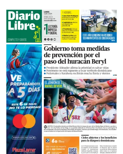 Portada Periódico Diario Libre, Lunes 01 Julio, 2024