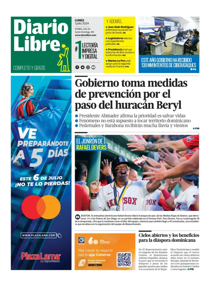Portada Periódico Diario Libre, Lunes 01 Julio, 2024