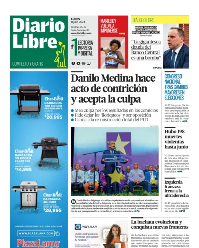 Portada Periódico Diario Libre, Lunes 08 Julio, 2024