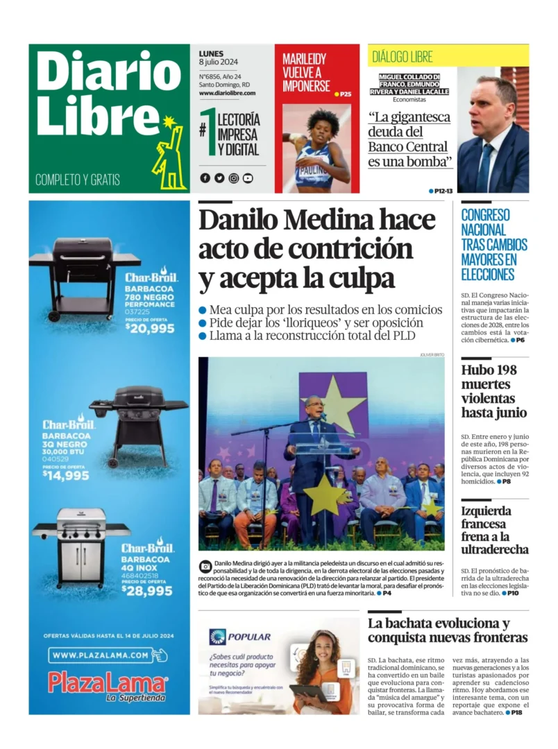 Portada Periódico Diario Libre, Lunes 08 Julio, 2024